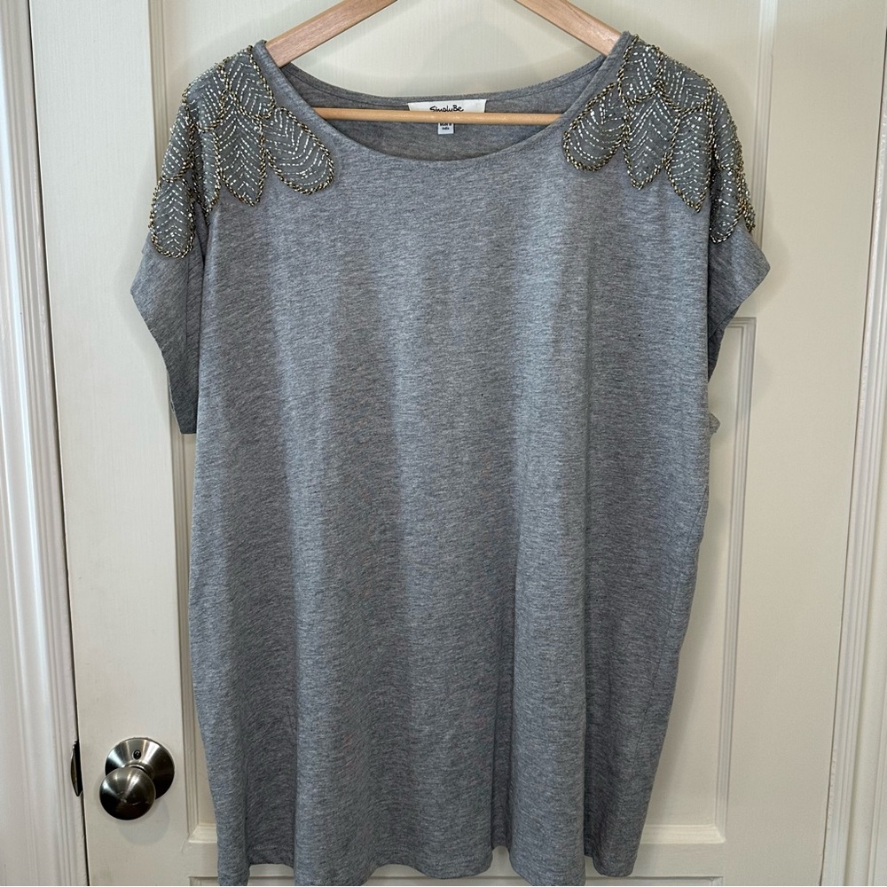 Simply Be Beaded Shoulder Short Sleeve Top, Grey - Size 14